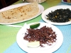 Huitlacoche empanada (L), huitlacoche with onions and jalapeno (R), chapulines (C)
