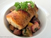 Bacon-wrapped salmon with beets and gnocchi