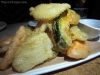 Tempura vegetables including squash, potato, carrots and pepper