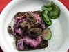 Red beet salad and meatball sandwich
