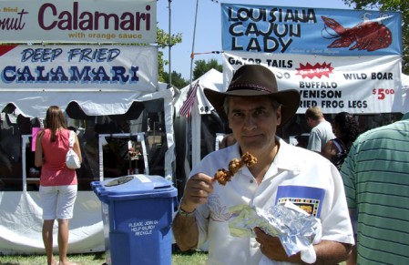 Garlic-marinated alligator on a stick - yum!