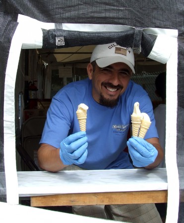 At the most popular booth, small samples of garlic ice cream are free