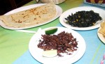 Huitlacoche empanada (L), huitlacoche with onions and jalapeno (R), chapulines (C)