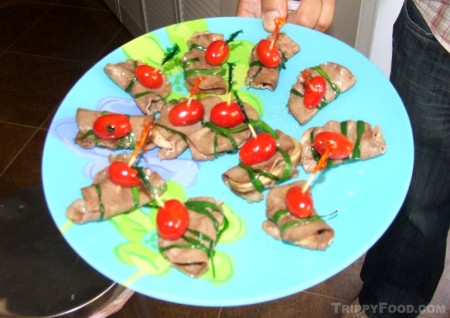 Tongue, mushroom, tomato and chive hors doeuvres