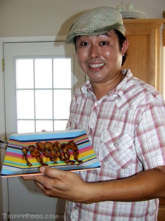 Eddie shows off the sake and soy marinated frog legs