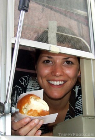 Tracey Broderick of Coolhaus hands me foie gras ice cream