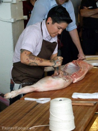 Butcher Erika Nakamura (Grundy) breaks down half a pig