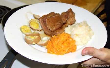 Fresh pork belly with candied yams and garlic and sour cream potatoes