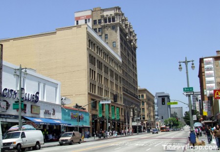 Grand Central Market, Million Dollar Theater (L); Bradbury Building (R)