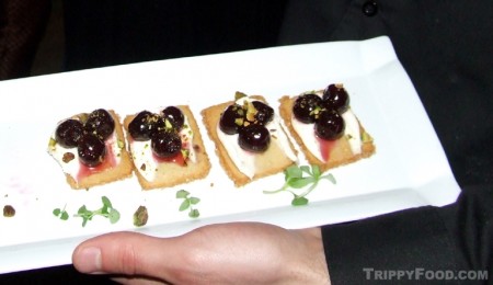 A desert crostini with cherries and mascarpone