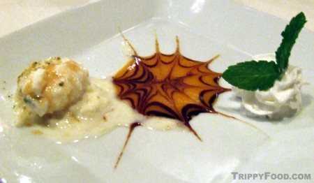 Dessert - cheese ras malai with a mango/chocolate sauce