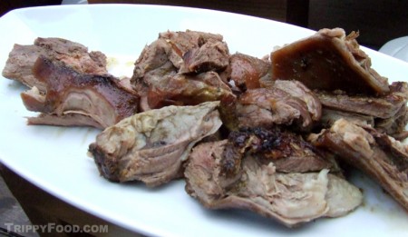 Chunks of goat meat from the roasting box