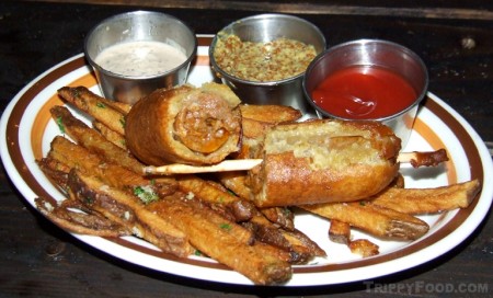 A Merguez sausage corn dog with root beer batter