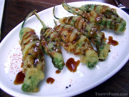 Tuna-stuffed tempura-battered shishito peppers