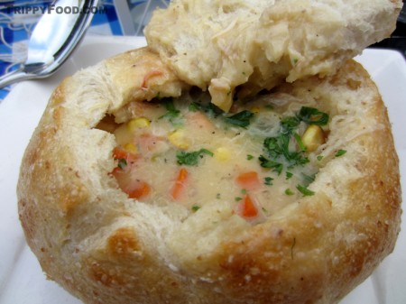 Dungeness crab chowder in a sourdough bread bowl