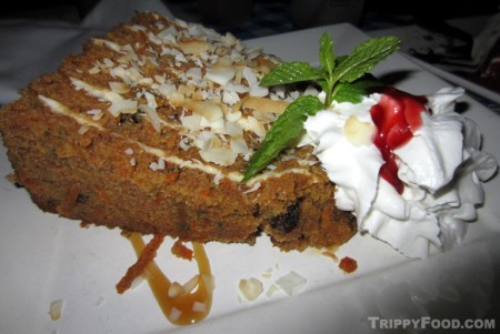A slice of carrot cake the size of Paul Bunyan's axe blade