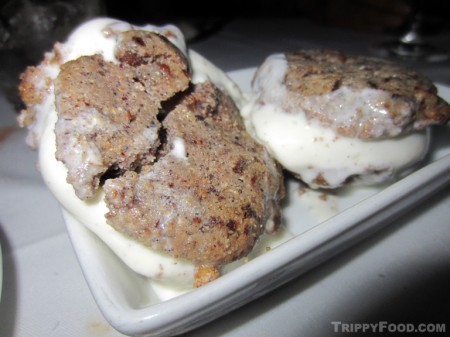 A blue corn ice cream sandwich