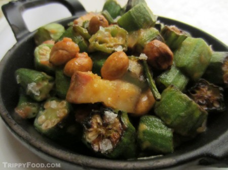 Okra with fried peanuts bacon and coconut