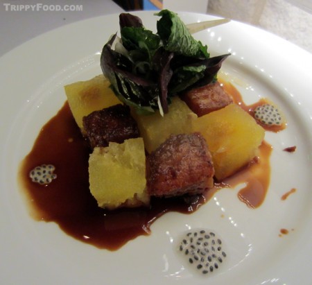 Creative and artistic pork belly with golden watermelon
