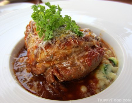 Slow-cooked osso buco lamb shank with acini de pepe