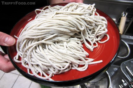 Fresh, uncooked, handmade soba