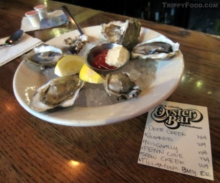 A half-dozen regional oysters (from upper right, clockwise)