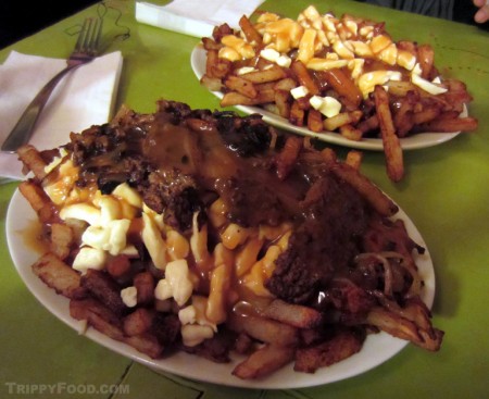 Poutine Duleton with ground beef and onion (F) and Classique (R)
