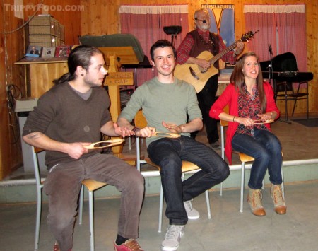 Gilles Gosselin leads volunteers in a wooden spoon jam session