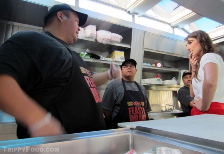 Don Chow chef/owner Dominic Lau discusses tacos with a rep from Dos Equis