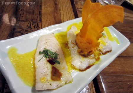 Paiche with aji amarillo and lemon vinaigrette, tamari and sweet potato mousse