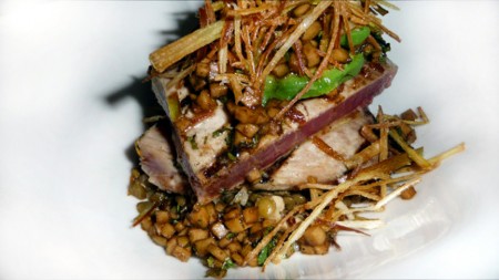 Yellowfin tuna steaks with roasted lentils and crispy nopales