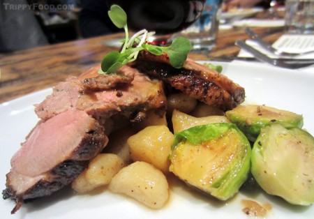 Smoked "ducketta" with mustard gnocchi and Brussels sprouts