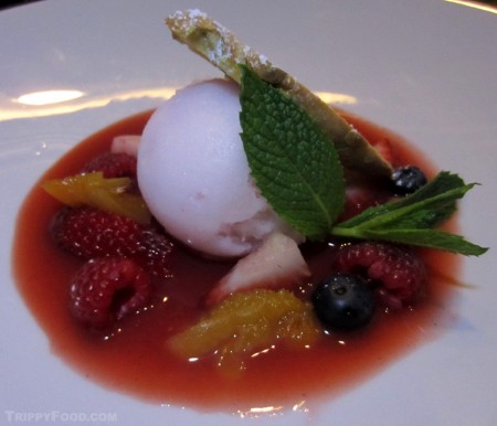 A refreshing strawberry soup with sorbet
