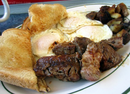 Prime rib disguised as steak tips and eggs