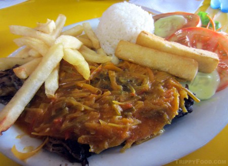 Sobrebarriga with fries AND rice