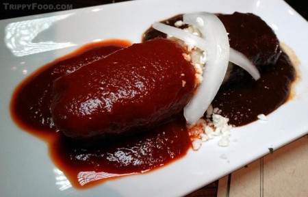 Duck tamal with guayaba salsa and mole