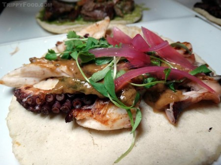 Grilled octopus taco with spicy peanut sauce