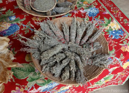 A basket of sage outside one of the shops
